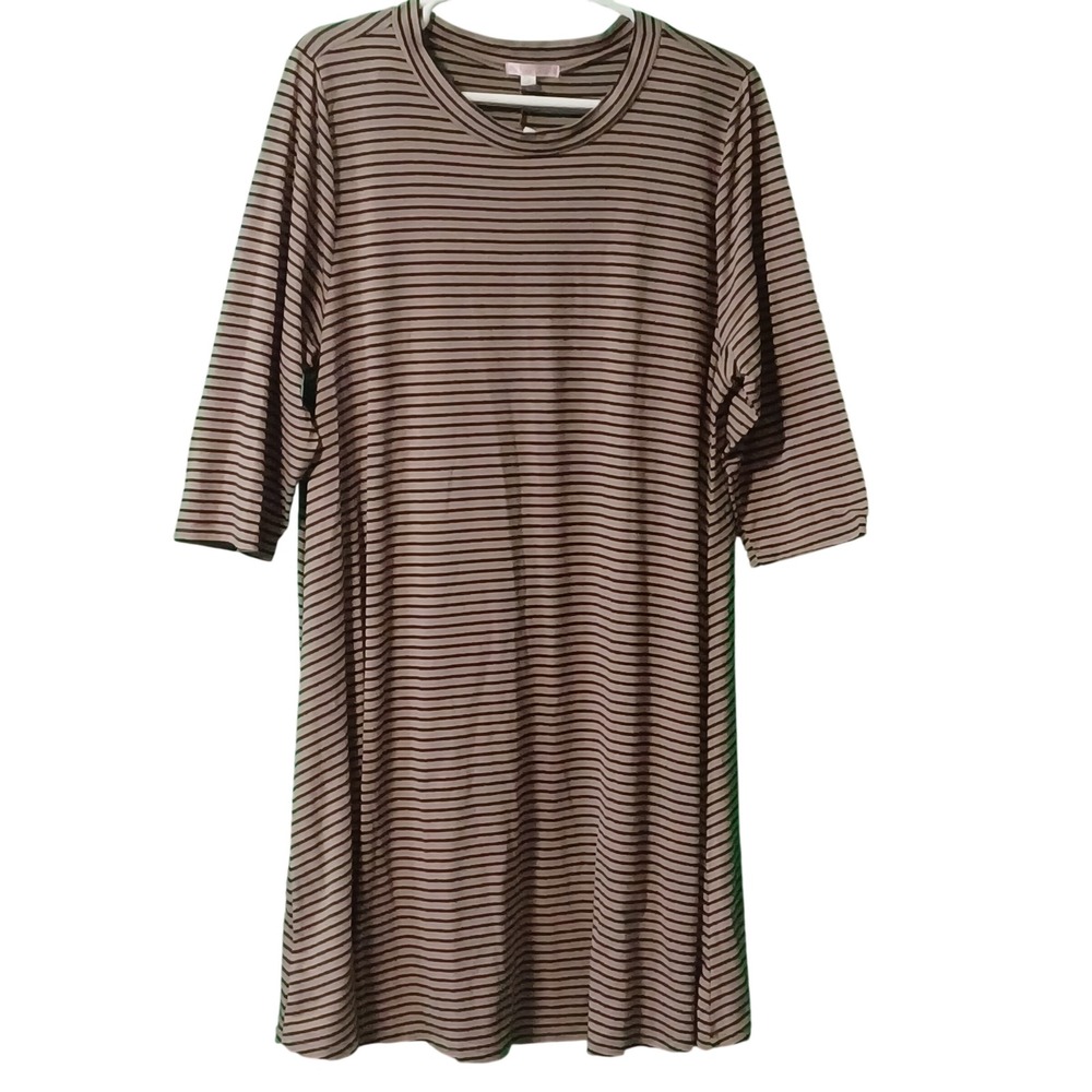 Free 2 Luv Striped Shift Dress Tan Black 3/4 Sleeve Crew Neck Plus Size 1X